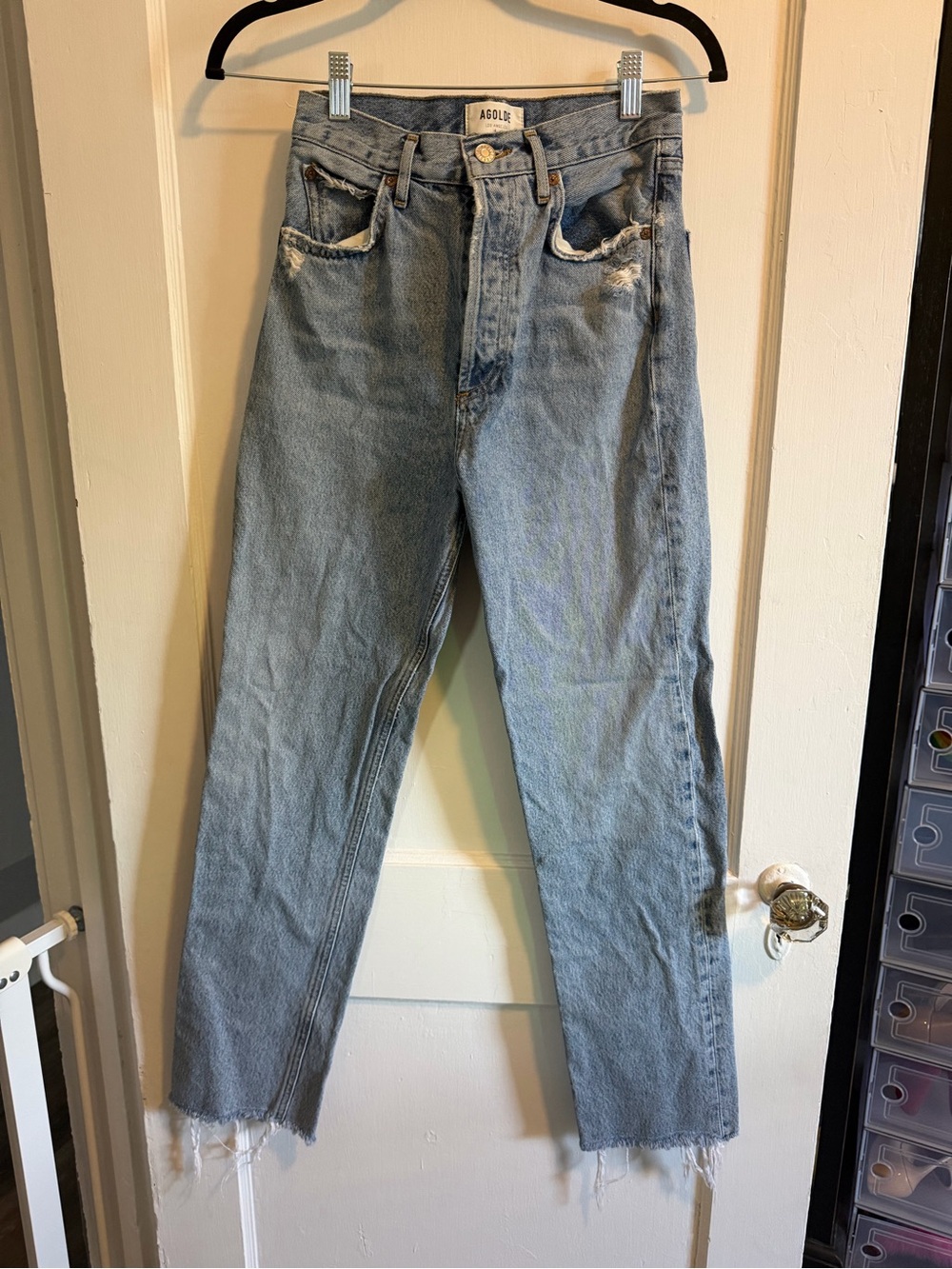 Agolde Light Blue High-Rise Straight Jeans with Raw Hem